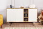 Hanah Home Consola Roble, Blanco. Fabricada 100% en tablero de partículas revestido de melamina con patas metálicas. Medidas: 142x83x35.6 cm.